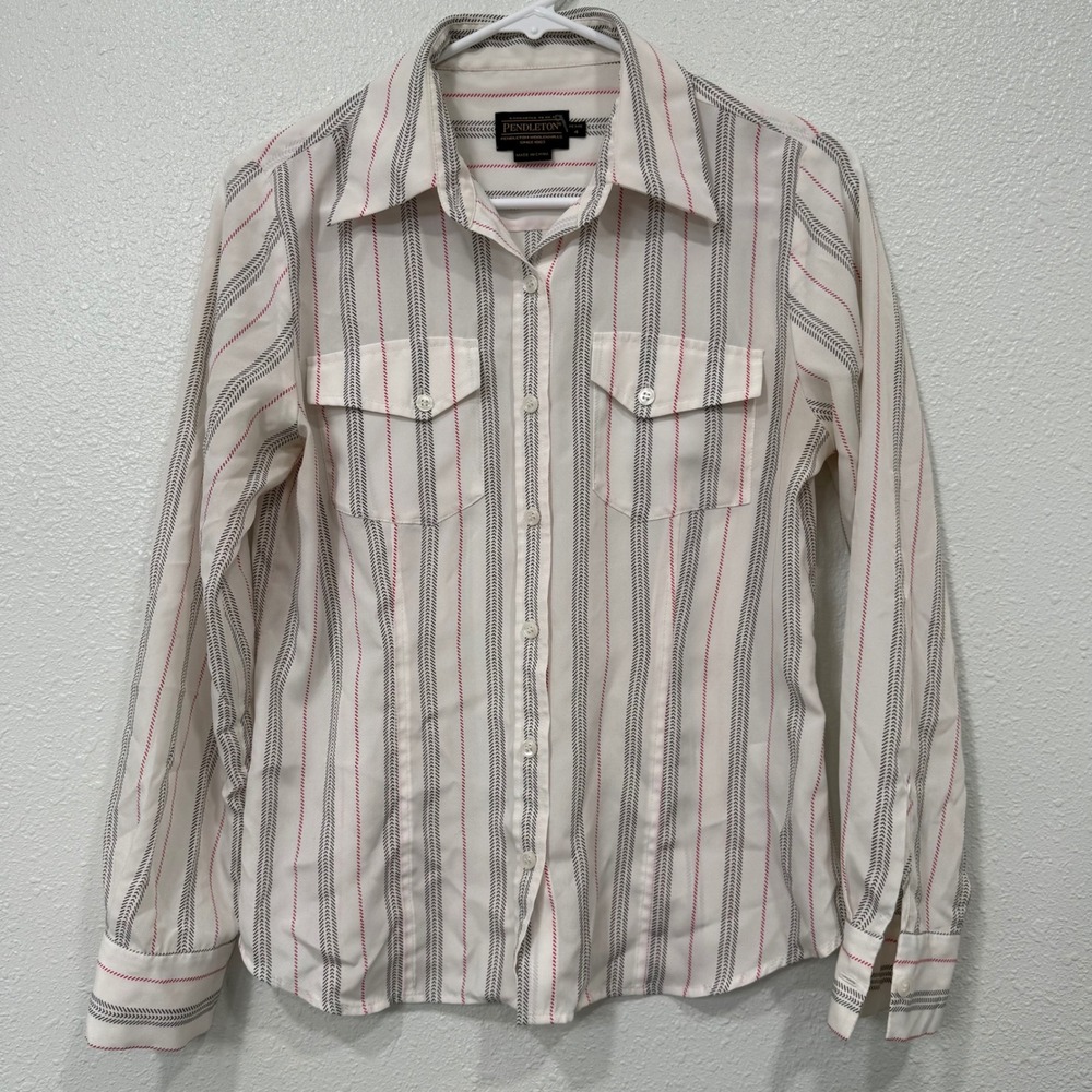 Pendleton Petite Striped Button Up Shirt Women's Size 4 Red Gray White Polyester